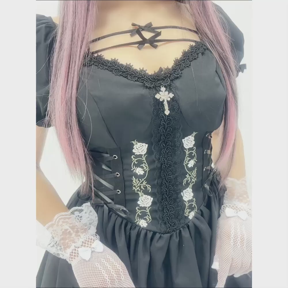 薔薇刺繍細見えレースアップミニワンピース – レディースファッション