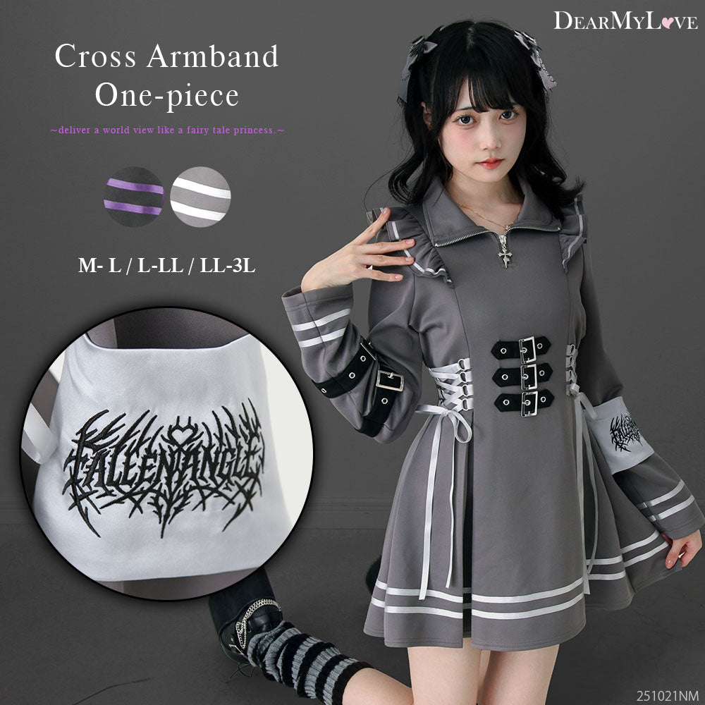 十字架アームバンドサイドレースアップフリルファスナーワンピース
