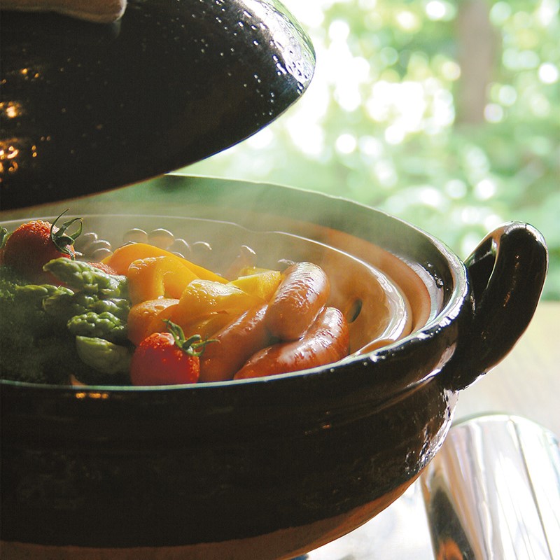 長谷園 ヘルシー蒸し鍋（黒） 中 （陶製すのこ付）(蒸し鍋（中
