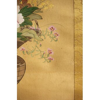 倣 柳里恭 柳沢淇園 絹本掛軸 吊花図 古筆了仲識箱二重箱 Z315｜骨董店