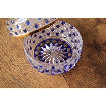 江戸切子 堀口硝子 須田秀石 瑠璃被 籠目紋 蓋物/棗 共箱 Y044｜骨董店