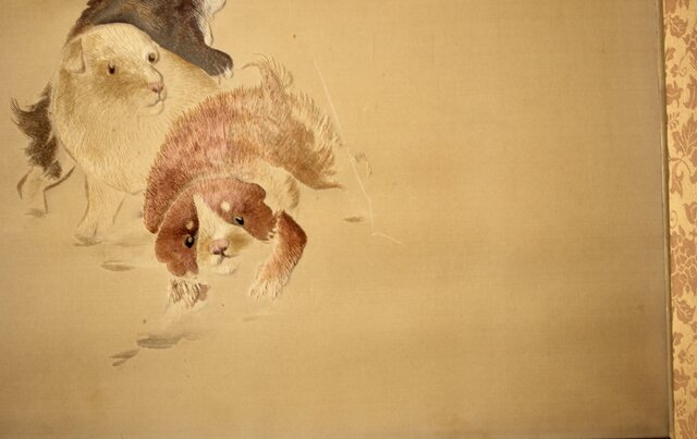 高島屋画室か 竹内栖鳳下絵 仔犬図 刺繍絵画額装 Z456｜骨董店 のびる