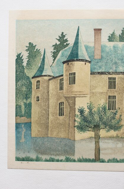 加藤版画研究所 S48年版 岡鹿之助 水辺の城 木版画 額装 Z335｜骨董店