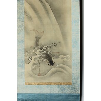 倣 狩野融川 狩野探信守道 合作【瀧鯉図】双幅掛軸 Z381｜骨董店