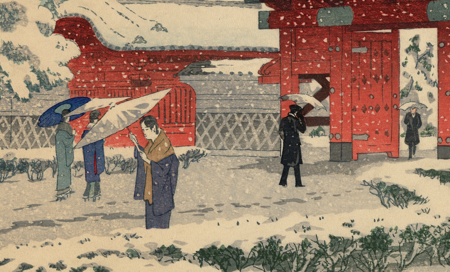 笠松白 紫浪: 雪の中の本郷赤門 赤門 – Egenolf Gallery Japanese Prints
