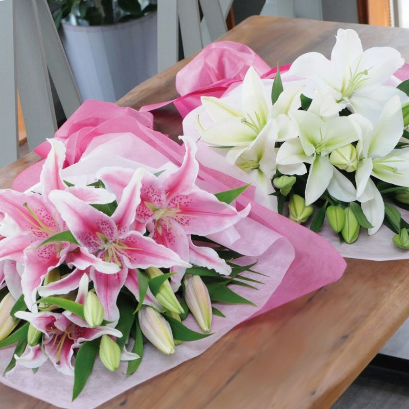 白・ピンク百合の花束15輪以上 ユリ(百合)の花(白いユリ・ピンクユリ