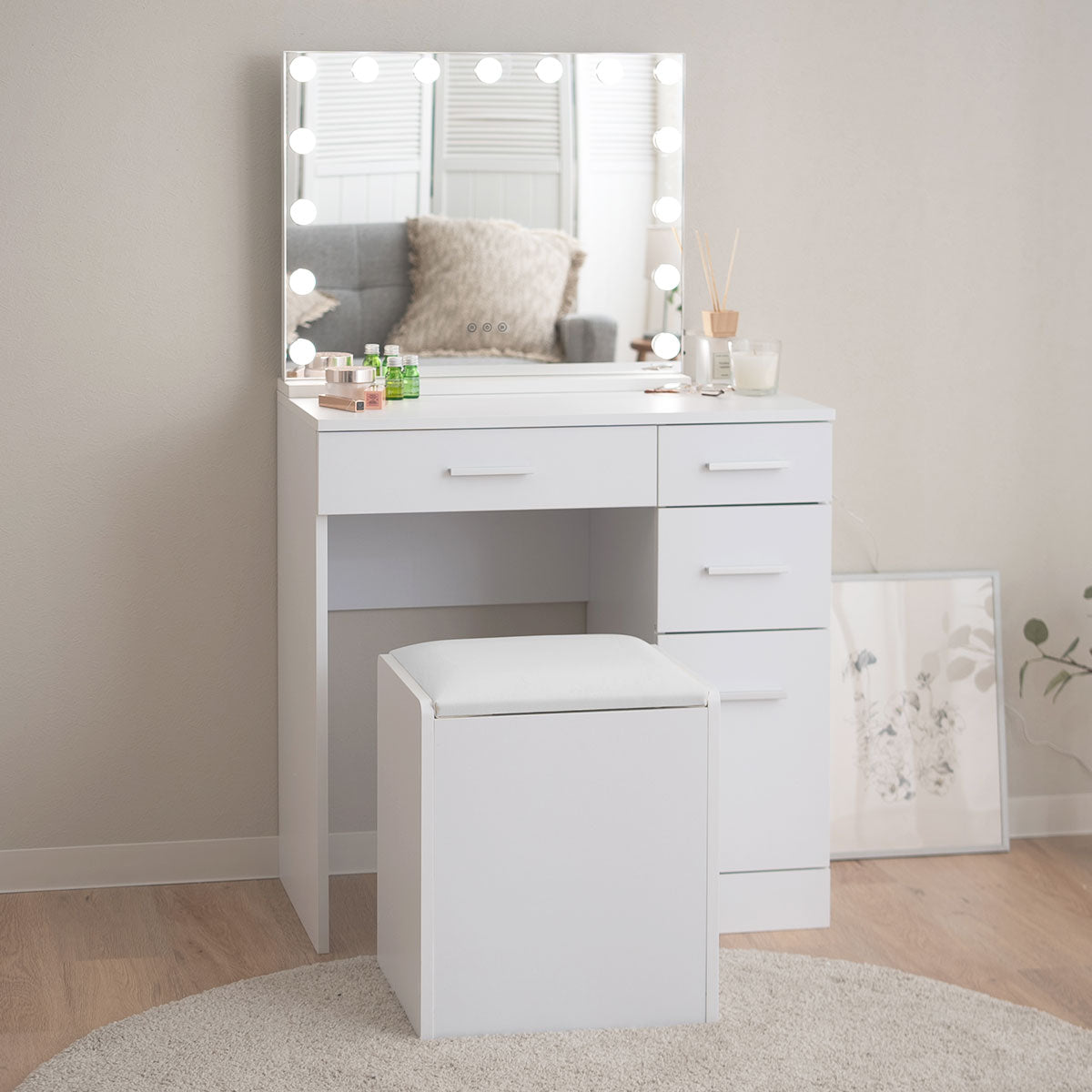 LEDライト付き ドレッサー3点セット デスク スツール 女優ミラー 幅