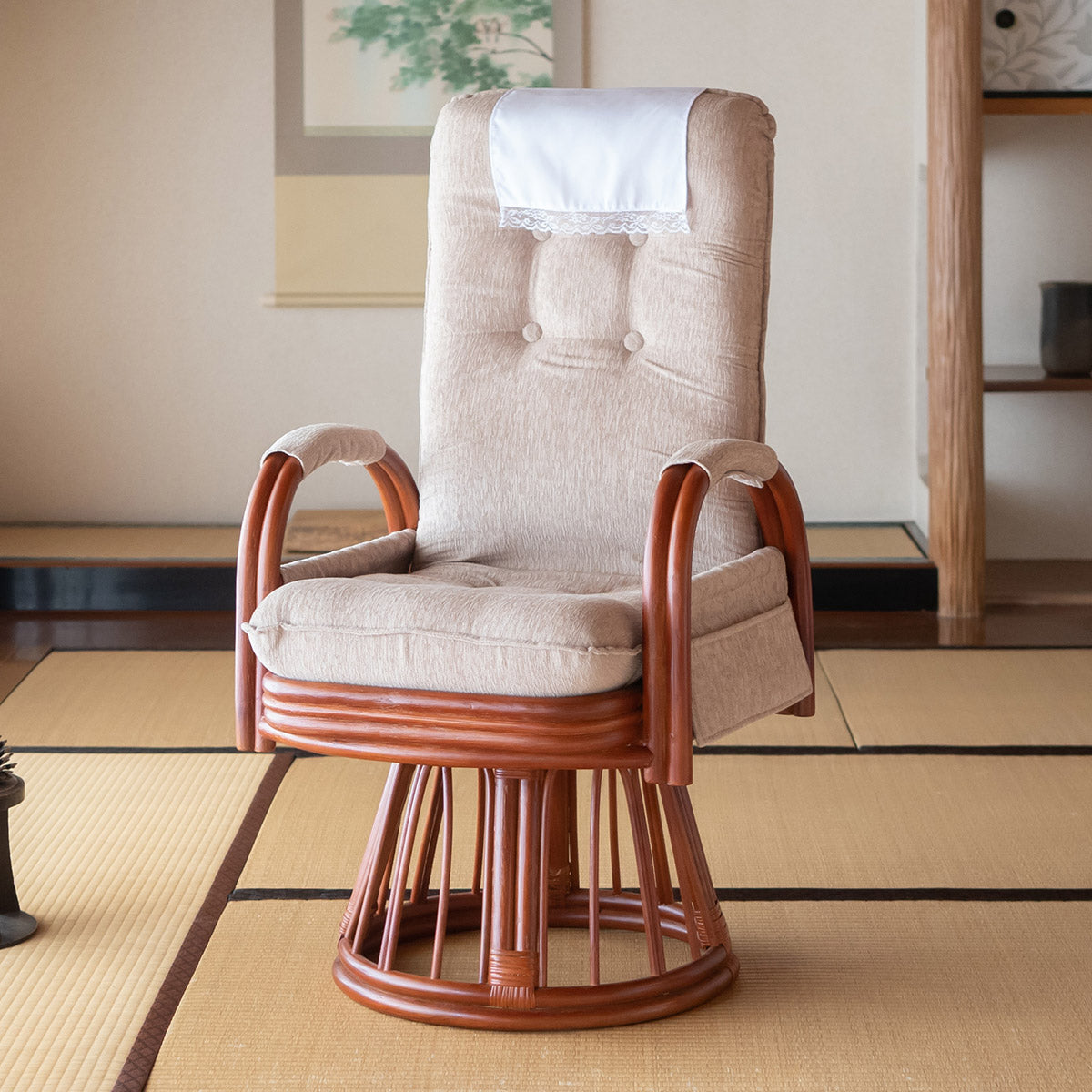 回転高座椅子 ラタン 籐 完成品 リクライニング 座面高48cm ハイタイプ
