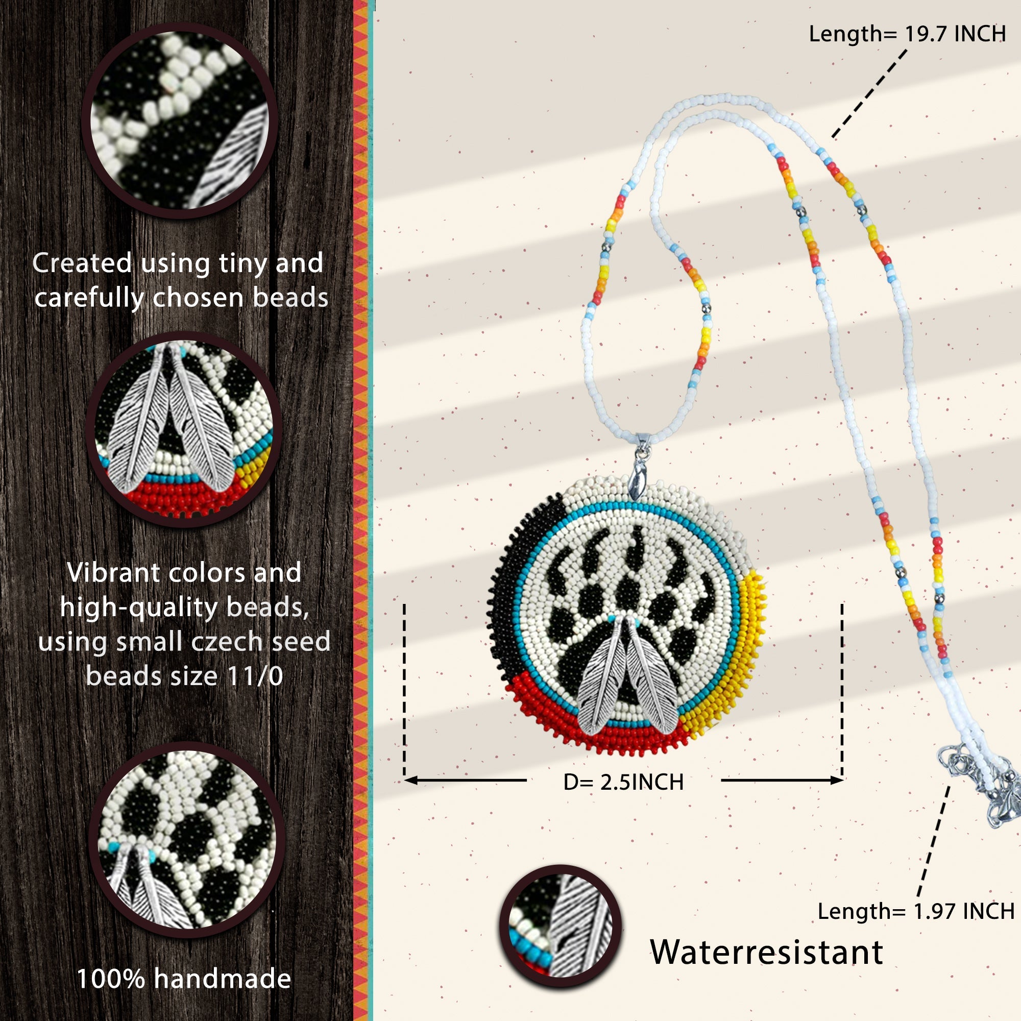 Bear Paw Handmade Beaded Wire Necklace Pendant Unisex With Native