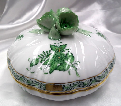 ヘレンド アポニィグリーンのシリーズ手描き花模様 六角形花瓶9インチ