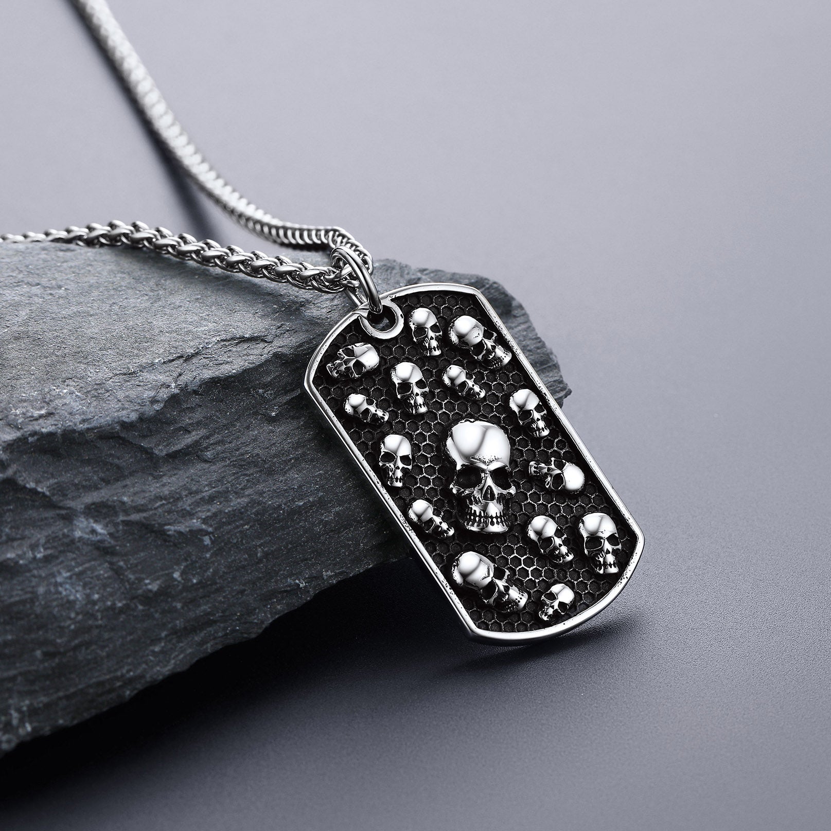 Skull Dog Tag Necklace for Men | Engraved Silver Pendant