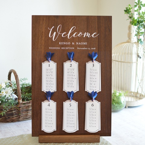 エスコートカードとなった席次表、メニューがついたウェルカムボード