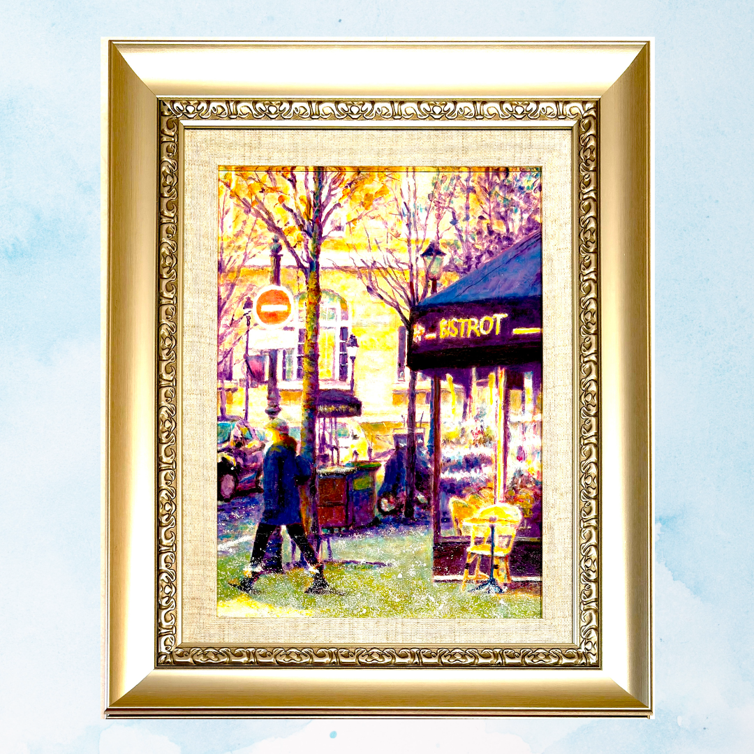 風景画「アートな街路灯の街」油彩画 SM 額付き by 福家佳則 / Fukei