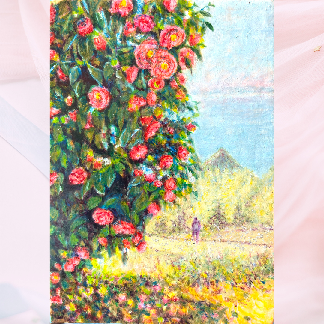 風景画「山に咲く赤椿」油彩画 SM/額付き by 福家佳則 / Fukei-ART