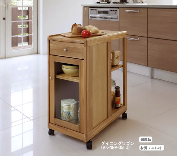 木製ダイニングワゴン/引出＋ガラス扉＋棚板移動式 ノナミ35LO (ライト