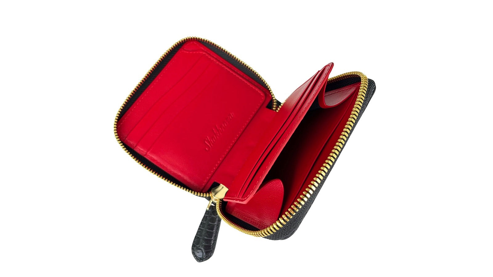 クロコダイル革｜ラウンドジップウォレット｜マット加工 黒/赤