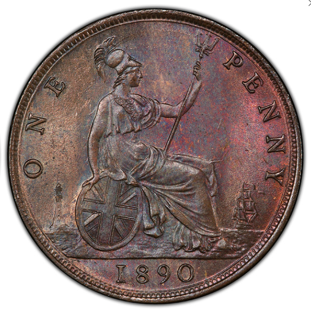 1890年 英国 ヴィクトリア女王 月桂冠 ペニー銅貨 MS64BN – FIRST