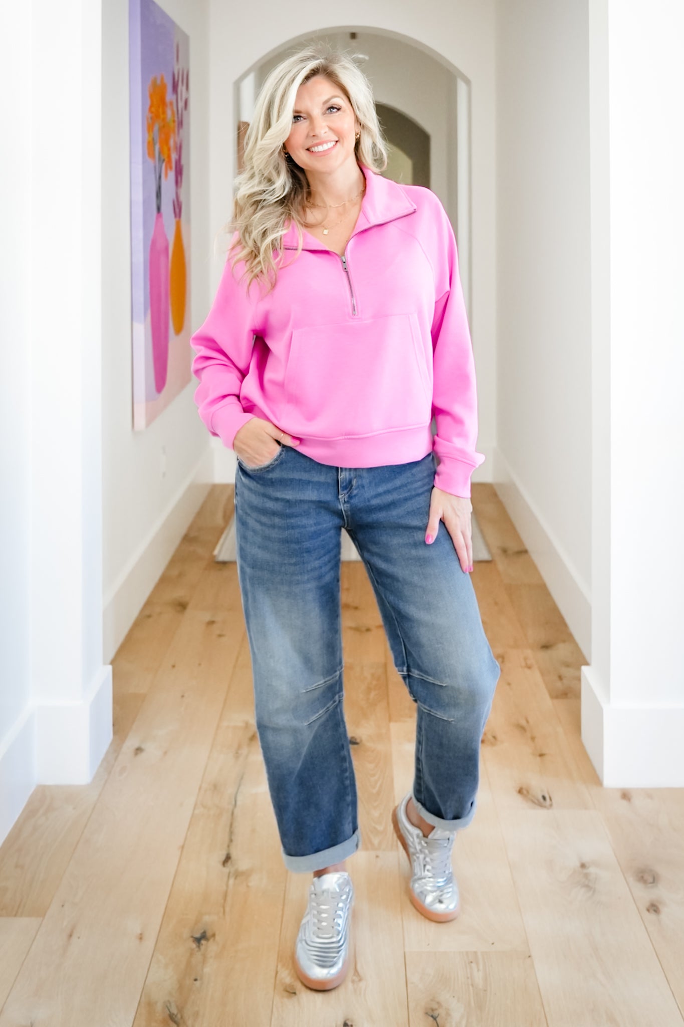 Door Buster! Zenana Half Zip Knit Pullover with Kangaroo Pocket