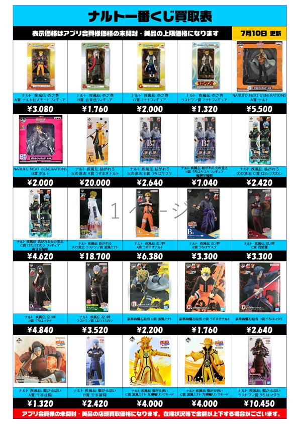 ナルト一番くじ買取表更新しました！ 7/10～ | 千葉鑑定団船橋店