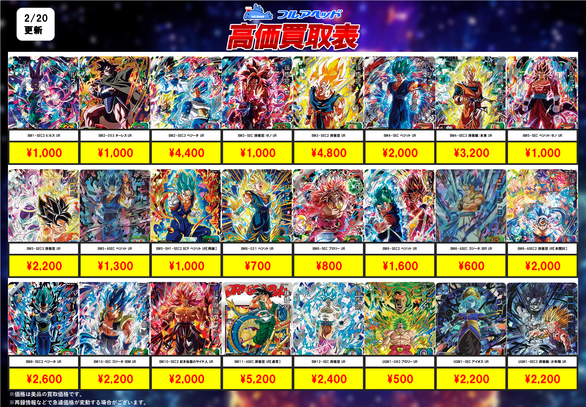 スーパードラゴンボールヒーローズ – 【フルアヘッド】高価買取表