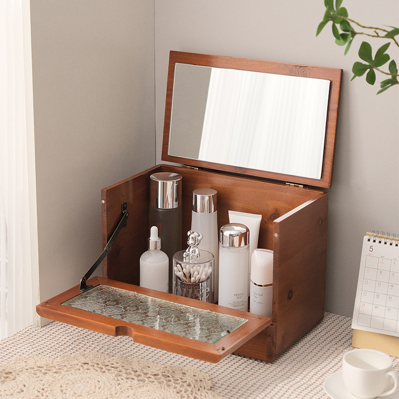 メイクボックス 天然木製 鏡付き 多機能 コスメ 収納 メイク ボックス