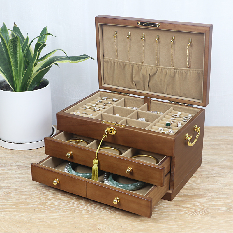 ジュエリーボックス 三段引き出し付き大容量宝石箱 木製 木製