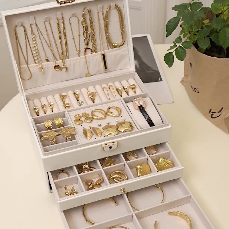 ジュエリーボックス 三段式多機能レザー張りジュエリーボックス レザー