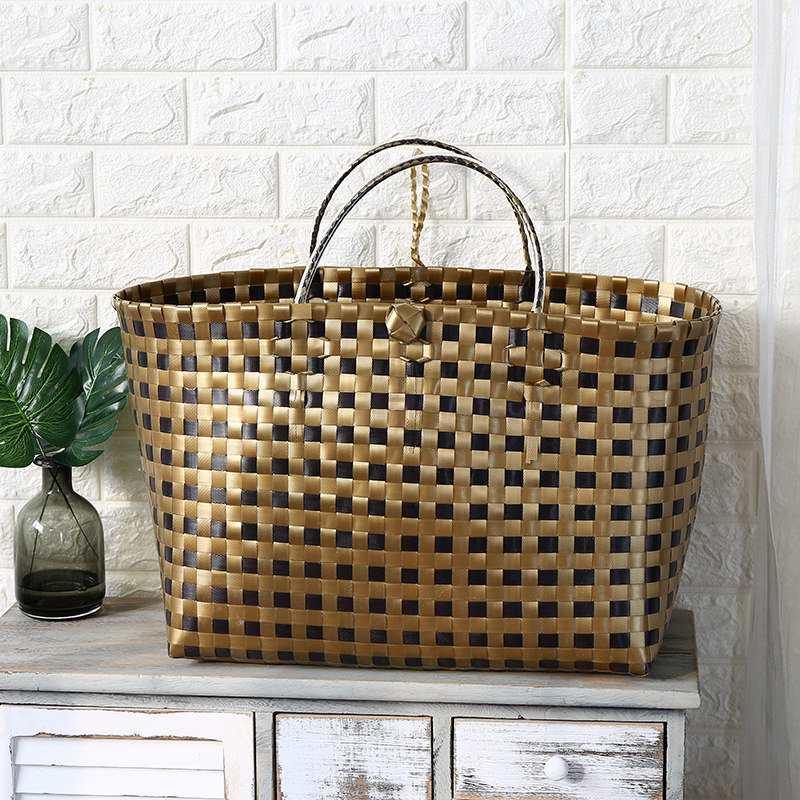 カゴバッグ 編み込みデザイン三段配色トート型カゴバッグ トート型