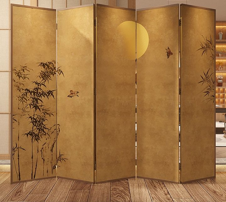 パーテーション 月夜の竹林図屏風式木製衝立パーテーション 木