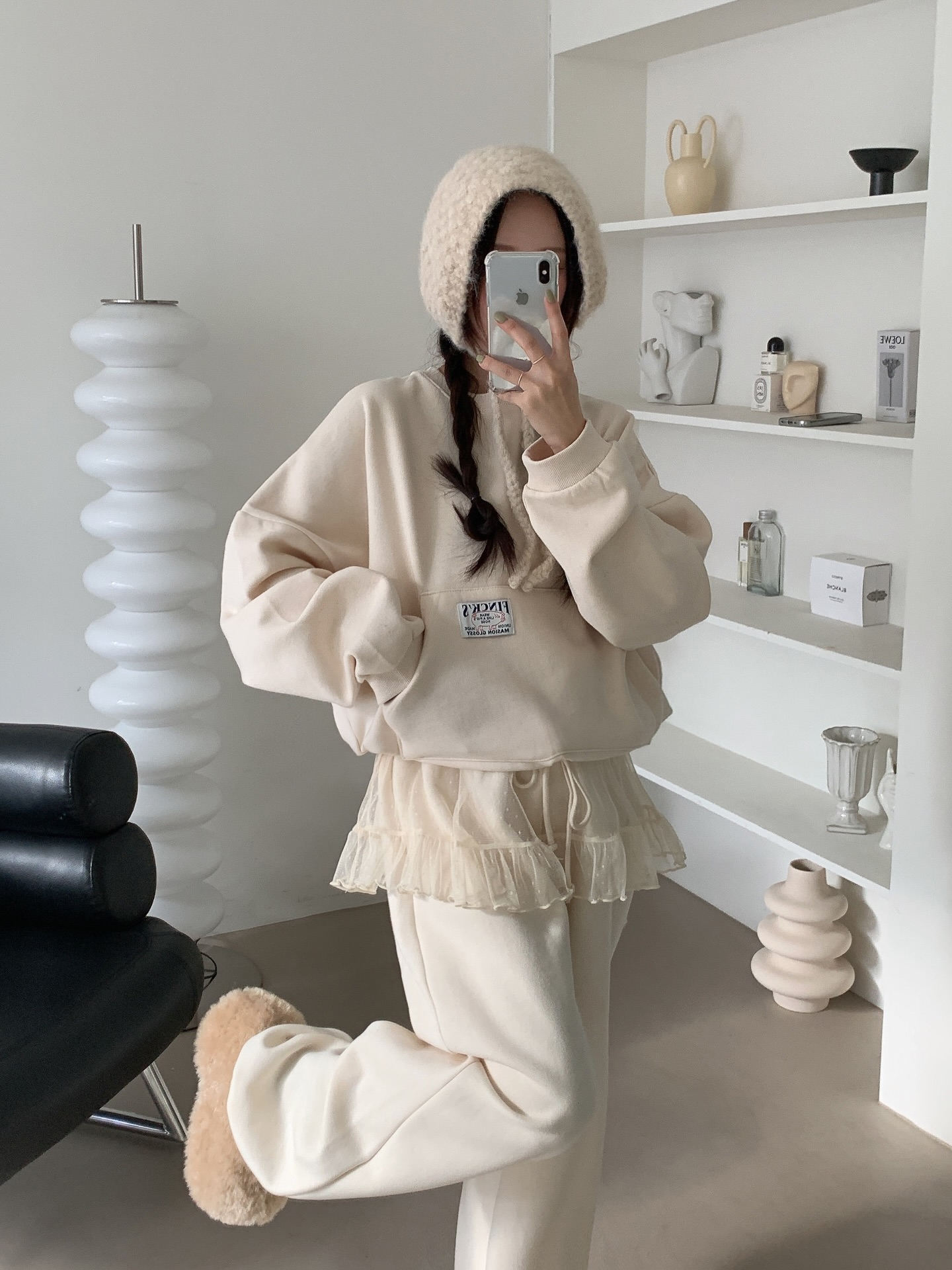 レディース スウェット 花柄レース装飾フーディセットアップ