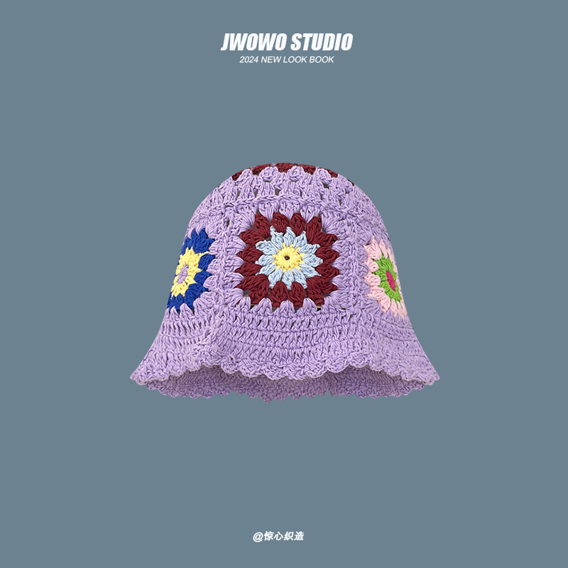 バケットハット 手編みかぎ針花モチーフバケットハット 編み物