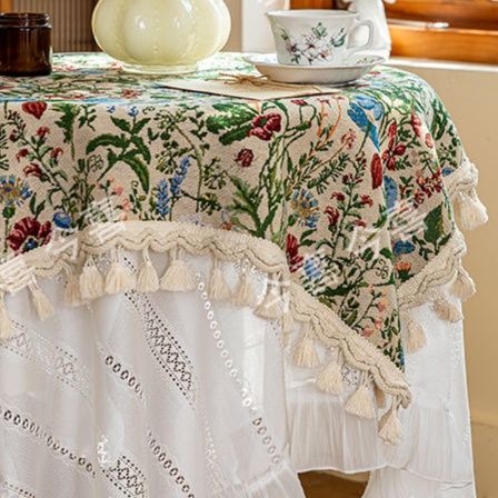 テーブルクロス 花柄刺繍フリルレース付き多層式テーブルクロス布 布