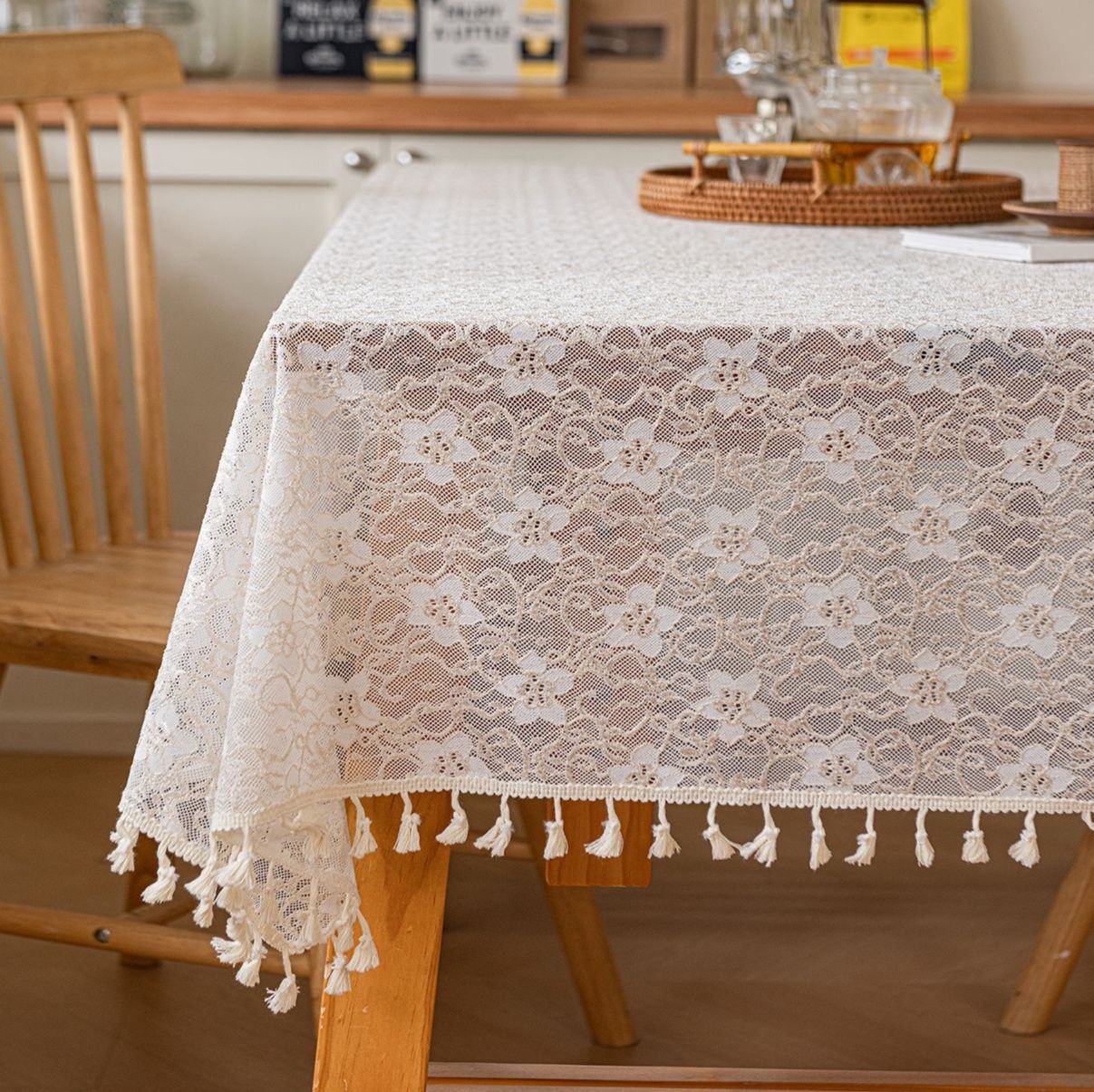 テーブルクロス 花柄刺繍レース布タッセル付きテーブルクロス 布