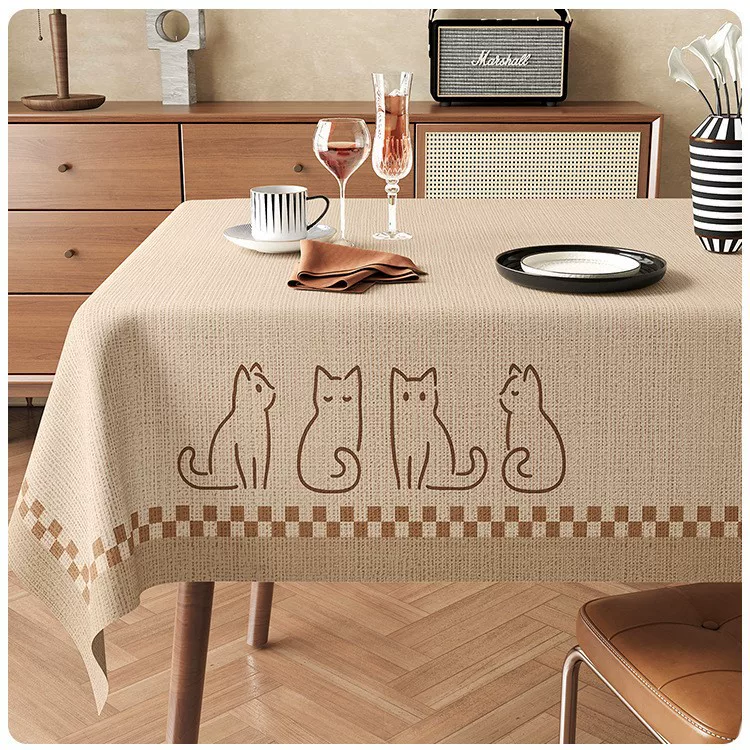 テーブルクロス 愛らしい動物プリント入りナチュラルリネンテーブル