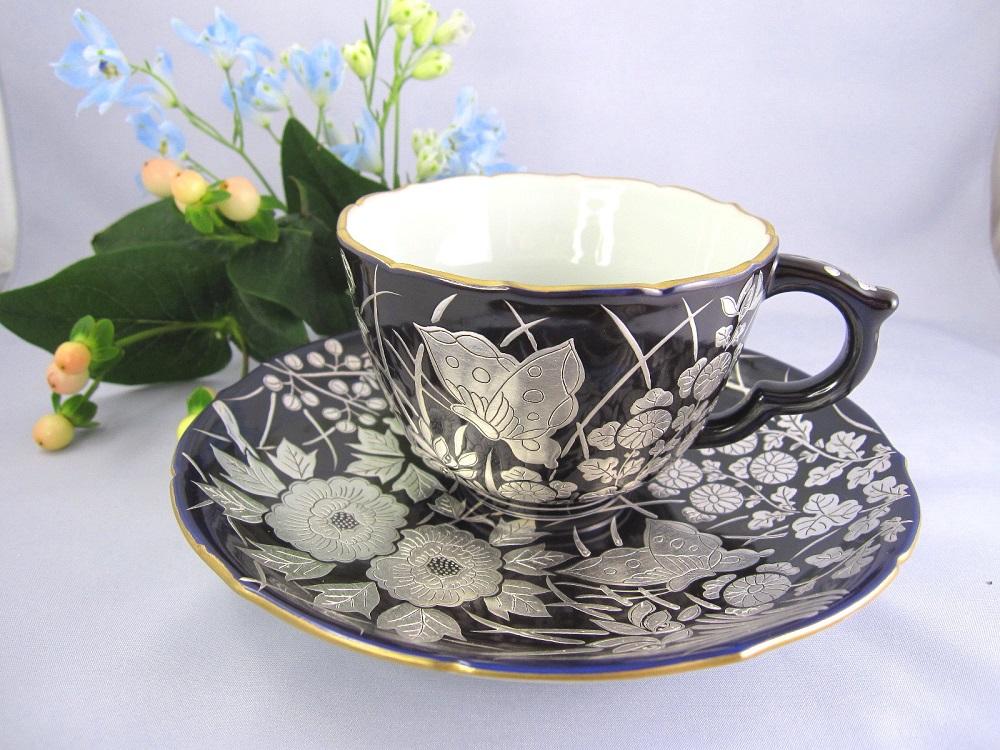 京陶きよみず】清水焼 紫地銀彩花蝶紋珈琲碗皿 カップ＆ソーサーセット