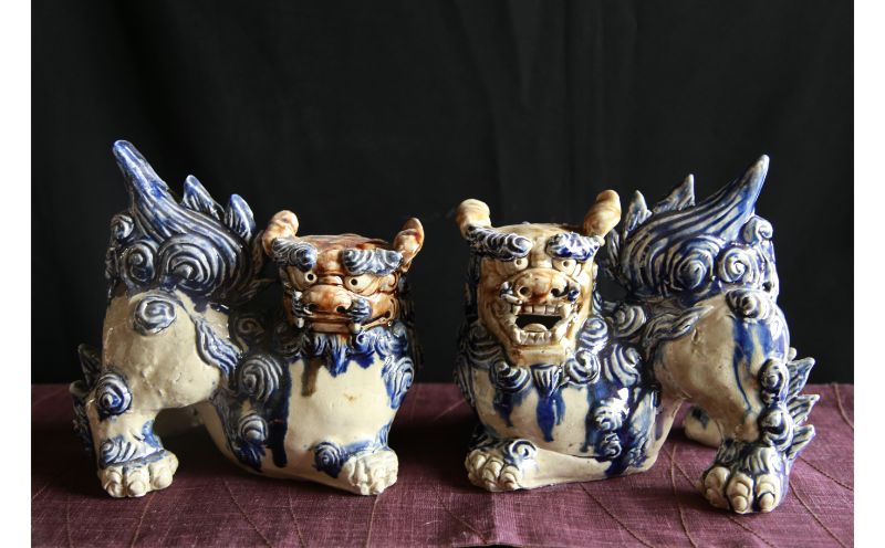 伝統工芸【陶芸城】読谷壺屋焼 コバルト釉ホーヤーシーサーペア