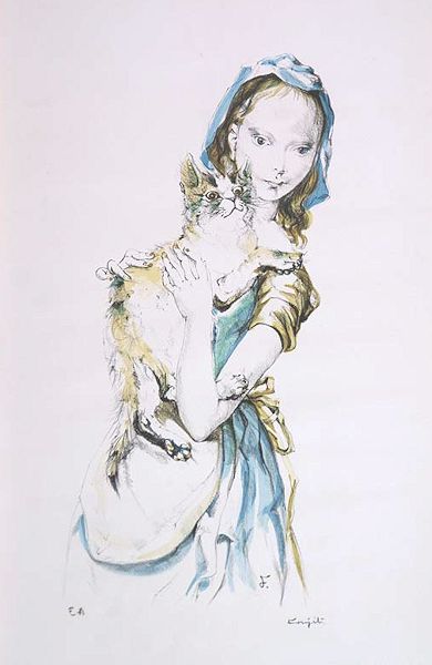 藤田嗣治『猫を抱く少女』｜絵画 販売 買取 - 東京・自由が丘にある