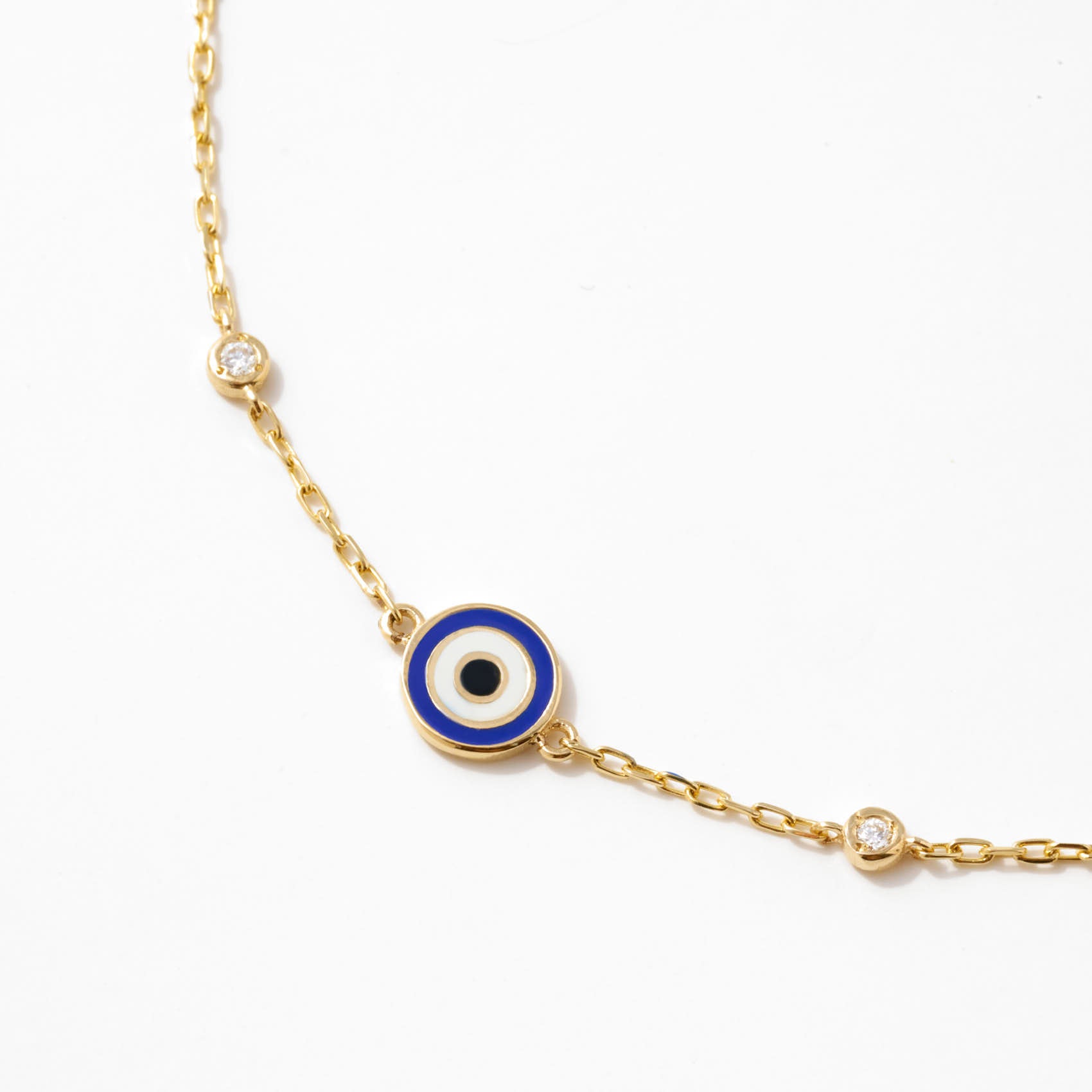 14K Solid Gold - Diamond Bezel Set Bracelet - Evil Eye Station
