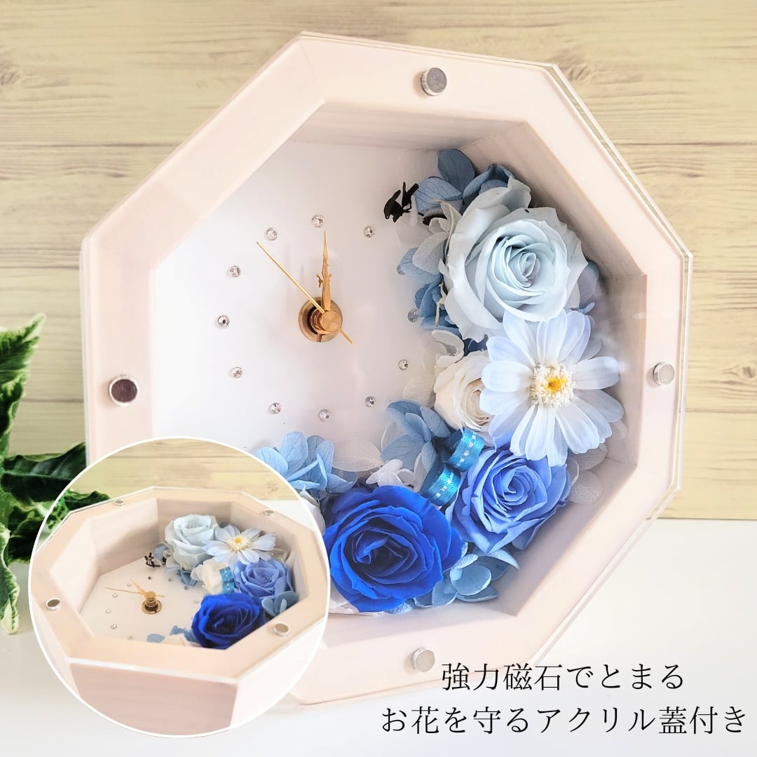花時計】プリザーブドフラワー置き掛け兼用八角形時計 ピンクハー