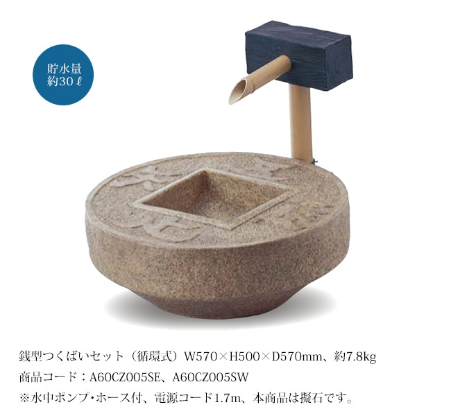 銭型つくばいセット（循環式）（擬石）/サイズ：W570×H500×D570mm