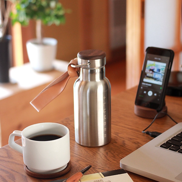 □「THERMO BOTTLE 350ml」ステンレス素材に銘木をプラスした木製水筒