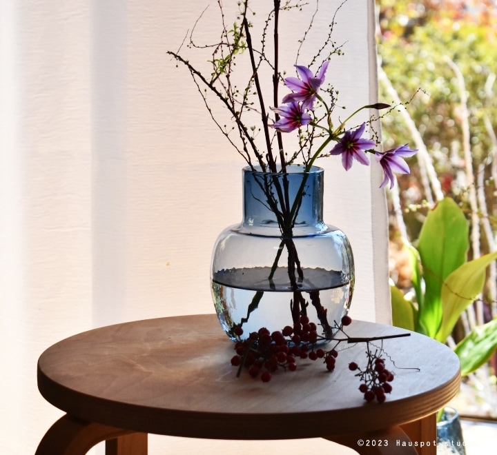 フラワーベース ガラス おしゃれ 青 クリア｜Lサイズ：約12.6cm丸×高さ