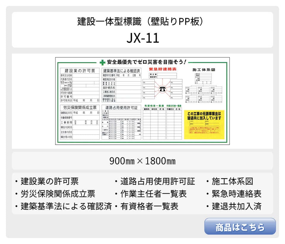建設一体型標識 JX-11】【1枚】壁貼りタイプ PP製 建設業の許可票