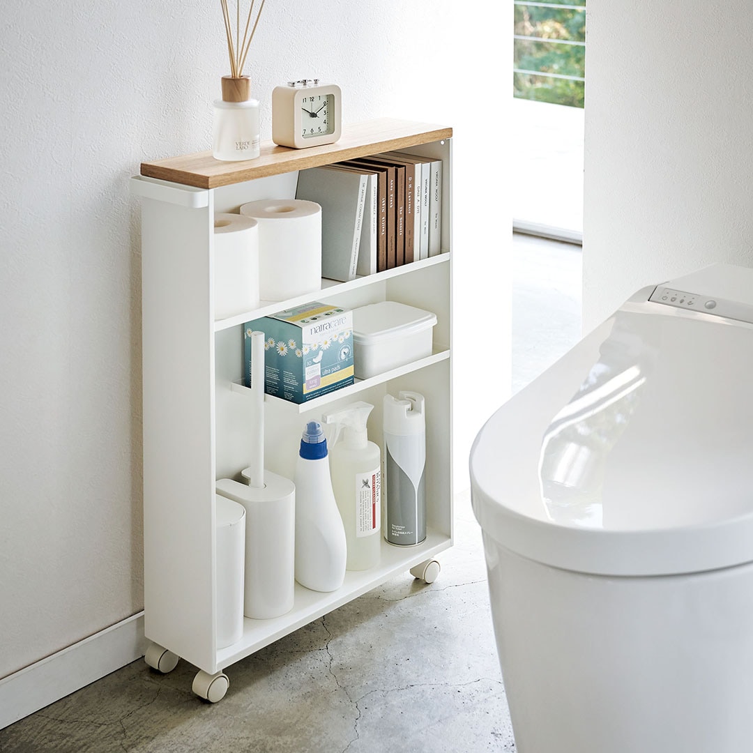 ハンドル付きスリムトイレラック タワー ホワイト｜トイレ用品,ケース