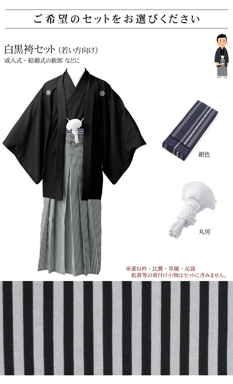 黒紋付羽織袴セット 6点セット 白黒縞 グレー縞 茶縞 結婚式 新郎 成人