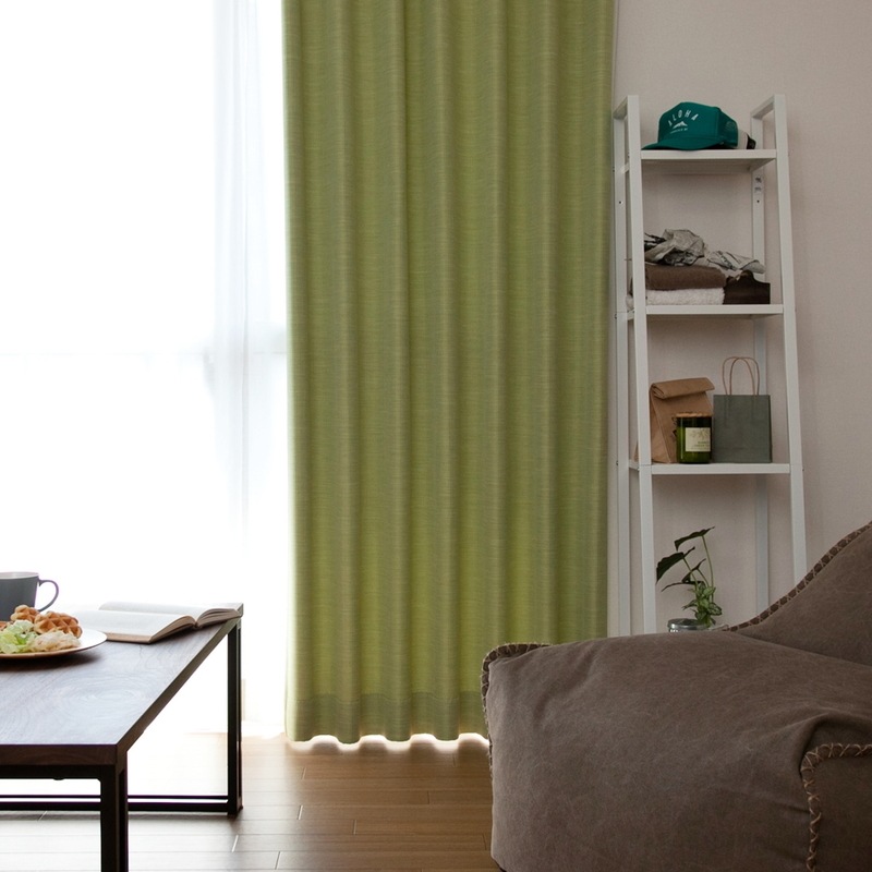 防炎＞細かいストライプ柄の遮光3級カーテン【フーダ GN】グリーン