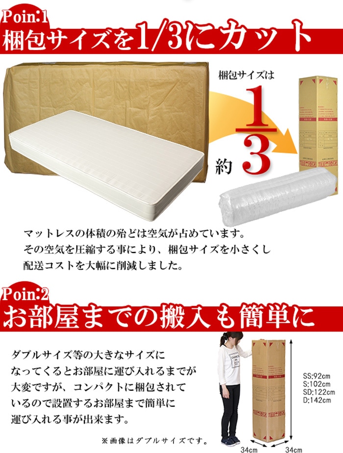 圧縮ロール マットレス ダブル ポケットコイル ボンネルコイル 体圧