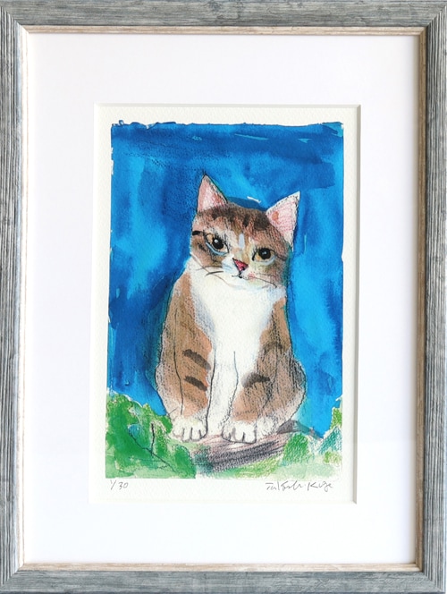 L判サイズフレーム付き原画 パステル画 マンタ ねこ 原画〉猫パステル画 A4サイズ 額縁・マット付き ベッドに優雅に