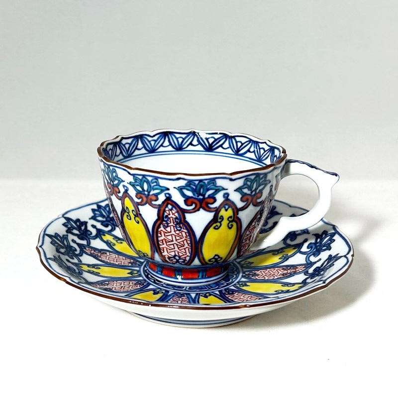 幾何紋」珈琲碗皿 京焼清水焼 コーヒーカップソーサー □双楽窯