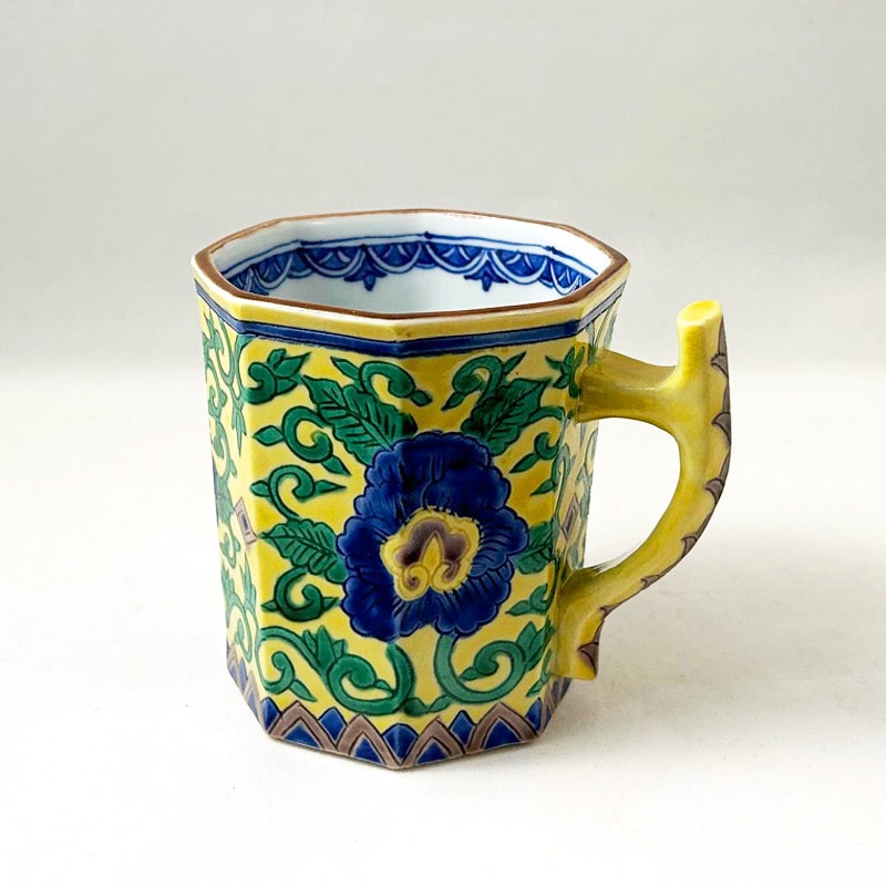 黄南京牡丹唐草彫マグカップ 染付牡丹唐草5寸皿 京焼清水焼 コーヒー